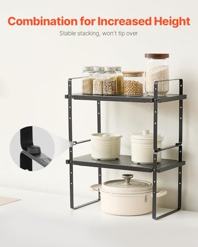 VEVOR Adjustable Kitchen Cabinet Shelf Organizer, Expandable 2 Tier Cabinet Shelf, Stackable Countertop Organizers and Storage Risers, Pantry for Kitchen Bathroom Office, Black - Image 4