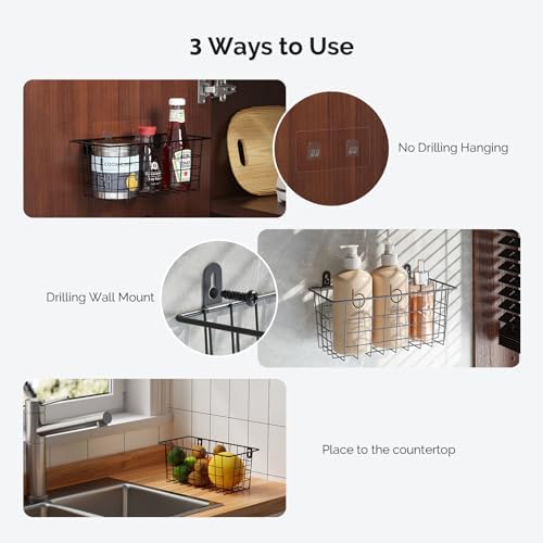 MaraFansie Hanging Kitchen Baskets Wire Storage Basket Adhesive and Screws Basket Over the Cabinet Door Organizer with Adhesive Strips and Screws Accessories, 2 Pack, Black - Image 3