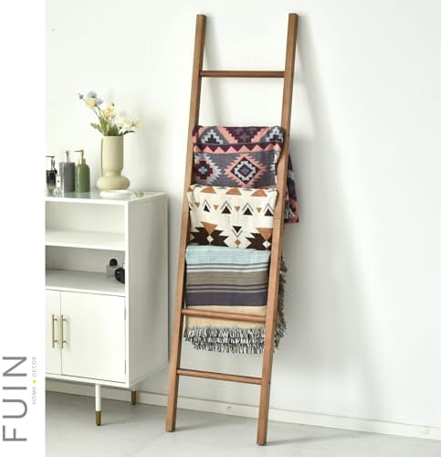 FUIN Blanket Ladder, 6ft Rustic Solid Wood Rectangle Decor Rack, Natural - Image 2