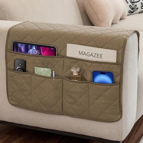 Remote Control Holder for Recliner Non-Slip Armchair Caddy Couch Armrest Organizer, Arm Chair Bedside Caddy Storage Organizer for Recliner Couch With 6 Pockets for Magazine, Phone, iPad (Beige) by DECKALY