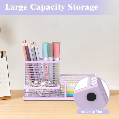 SUPEASY Mesh Pen Holder Desk Organizer, Office Supplies Pencil Storage with 3 Compartments, Office Desk Accessories and Workspace Organizers for Home School Classroom, Purple - Image 2