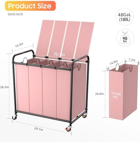 Laundry Sorter 4 Sections 48 Gal, Rolling Laundry Basket with Wheels ＆ Lid - Image 2