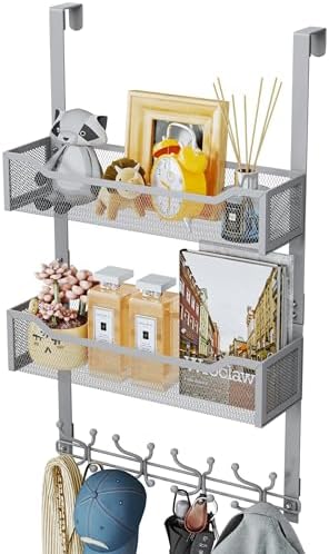 SWTYMIKI Over The Door Hooks Organizer - Multi-Functional Door Hanger with 16 Hooks & 2 Mesh Baskets, Long Coat Rack for Bathroom, Bedroom, Living Room, Home Storage Organizer, Gray by SwtyMiki-TidyHomeSweetLife