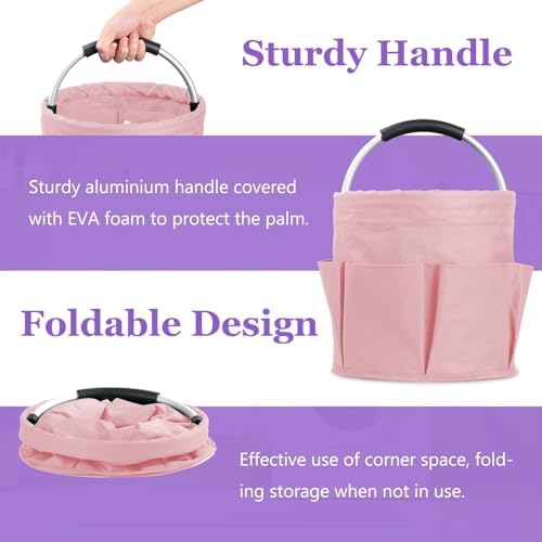 17L Portable Shower Caddy with 6 Side Pockets, Foldable Cleaning Supply Caddy with Handle, Garden Tool Bag in 600D Oxford Fabric, Multifunctional Storage Basket for Showers, Picnics, Pink - Image 5
