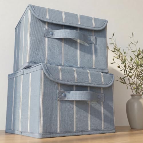 Decorative Linen Storage Boxes with Lids - Spacious Set of 2 Organizer Bins by ZICOTO