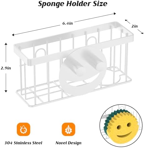 Sponge Holder Smiley Face, Sink Organizer with 2 Suction Cups/1 Adhesive Strips, Designed for Sponge, Soap, Dish Brush, Scrubber - White - Image 2