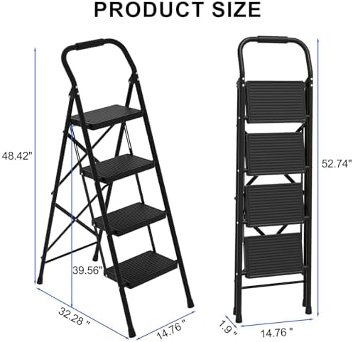 4 Step Ladder Folding 330lbs Anti Slip，Foldable Ergonomic with Wide Pedal for Home, Kitchen, Offic Matte Black - Image 2