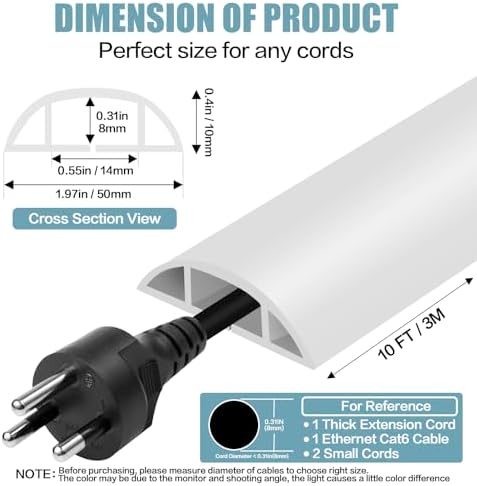 Floor Cord Cover Self Adhesive Cord Hider,10FT Cable Management, Extension Strip Protector for Wires, Prevent Cable Trips for Offices, Gyms, Exhibitions Cavity:0.47"(W) x 0.35"(H) White - Image 2