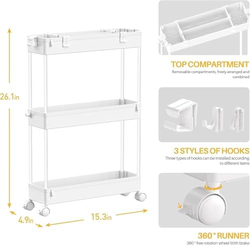 2 Pack 3 Tier Slim Storage Cart, Bathroom Rolling Utility Organizer - Image 2