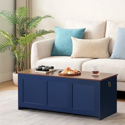 HOOBRO Storage Bench, 39.3" Retro Wooden Storage Chest, Wooden Storage Trunk, Toy Chest with Lift Top, Multifunctional Entryway Organizer, for Entryway, Living Room, Blue and Walnut UH141CW01G1 - Image 6