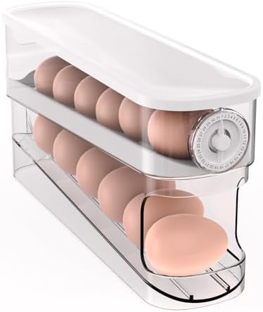 Auto Rolling Egg Holder for Fridge, Egg Dispenser/Organizer/Storage/Container with Lid & Date Timer for Refrigerator, Sturdy and Durable Space-Saving Egg Tray for 12 Large Eggs by SipobuyUS