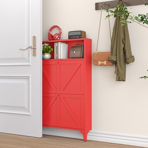 Shoe Cabinet with 2 Flip Drawers, Narrow Shoe Storage Cabinet, Farmhouse Shoe Organizer, Freestanding Organizer with Metal Legs for Entryway, Foyer (Red, 2 Door) - Image 5