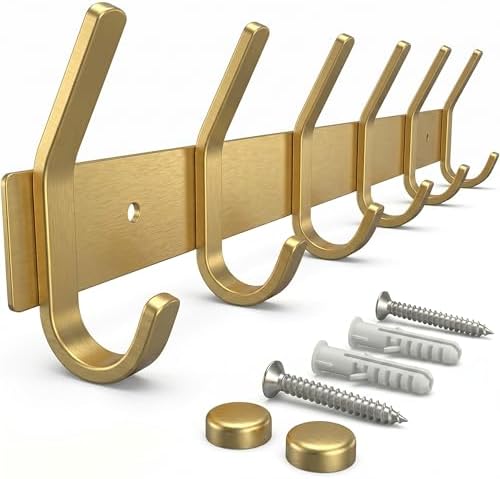 Brushed Gold Wall Mounted Coat Rack – 17 Inch Stainless Steel Rail with 6 Double Coat Hooks for Entryway, Bathroom, Bedroom, Kitchen – Modern Gold Hook Rack for Coats, Hats, Towels by SAYONEYES