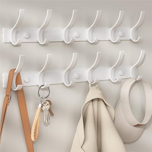 Optish Coat Rack Wall Mount, Coat Hook Wall Mount, Wall Hooks for Hanging, Hat Rack for Walls, Coats Hanger with 12 Hook, Towel Hooks for Bathrooms (2 Pack, White) by Optish