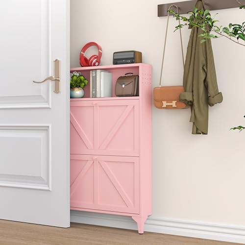 Shoe Cabinet with 2 Flip Drawers, Narrow Shoe Storage Cabinet, Farmhouse Shoe Organizer, Freestanding Organizer with Metal Legs for Entryway, Foyer (Pink, 2 Door) - Image 5