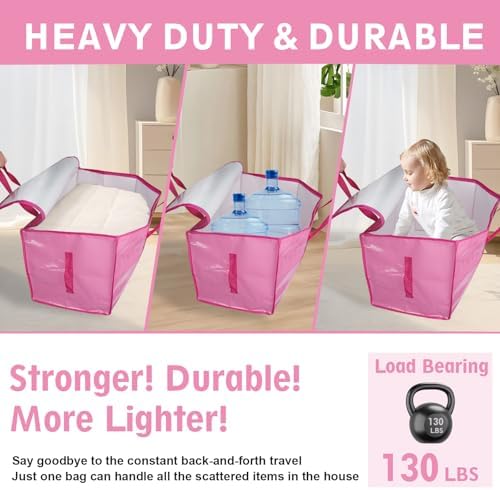 12 Pack Extra Large Moving Bags Heavy Duty 180GSM,130LBS 100L Totes with Visible Window, Zippers & Wrap-Around Handles, Waterproof Reusable, Alt to Moving Boxes, Pink - Image 3