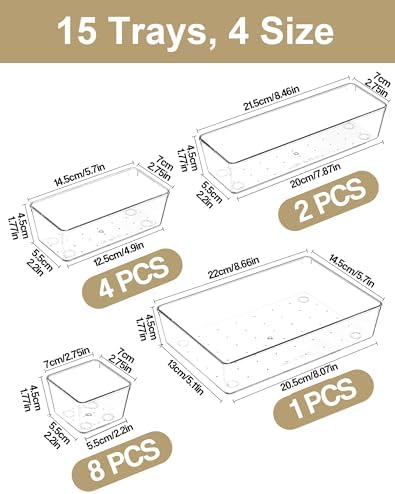 15Pcs Clear Plastic Drawer Organizers Set, 4size makeup drawer organizer trays for vanity/desk/bathroom/office/nightstand/gadgets for kitchen/desk drawer, Versatile drawer divider storage bins - Image 3