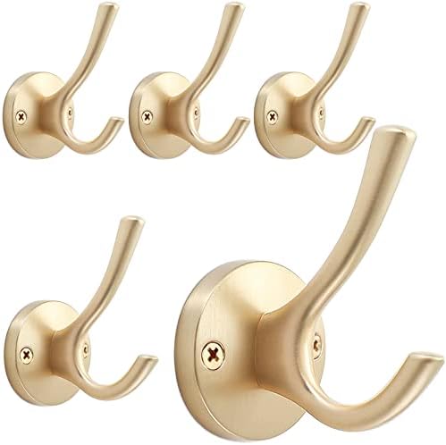 TOFIIGREM Gold Wall Hooks, 5 Pack Coat Robe Hook Heavy Duty Metal Double Bath Hook Wall Mounted, Hand Towel Hooks for Cubicle Bathroom Kitchen Closet Garage by TOFIIGREM