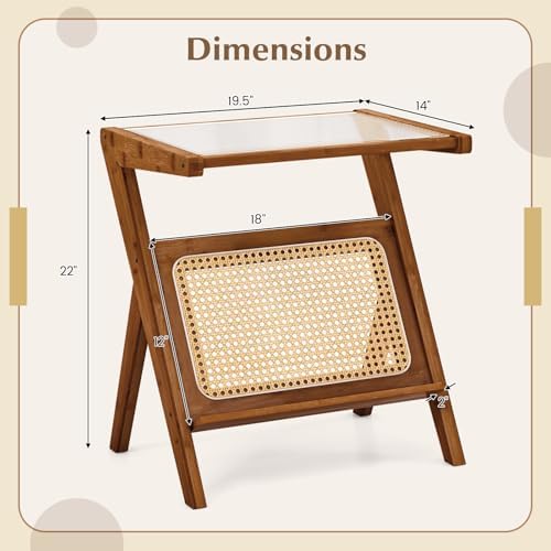 Giantex Rattan Side Table, Boho Nightstand with Glass Top & Magazine Rack, End Table with Storage, Bamboo Bedside Table for Small Space Living Room Bedroom (2, Walnut) - Image 3
