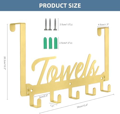 Azmoncy Over The Door Hooks - Heavy Duty Towel Rack with 5 Coat Hooks for Bedroom Kitchen, Gold Bathroom Decor - Image 2