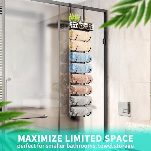 HapiRm Towel Racks for Bathroom Storage - 9 Tier Over The Door & Wall Mount Rolled Towel Storage Organizer Holder with Metal Shelf Basket for Small Bathroom, Camper, Rv - Black, Patented - Image 6