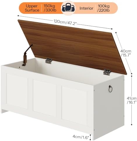 HOOBRO 47.2" Large Storage Bench, Retro Storage Chest with Safety Hinge, Wooden Storage Trunk, Toy Chest with Lift Top for Bedroom, Living Room, Entryway, White and Walnut WH412CW01G1 - Image 3