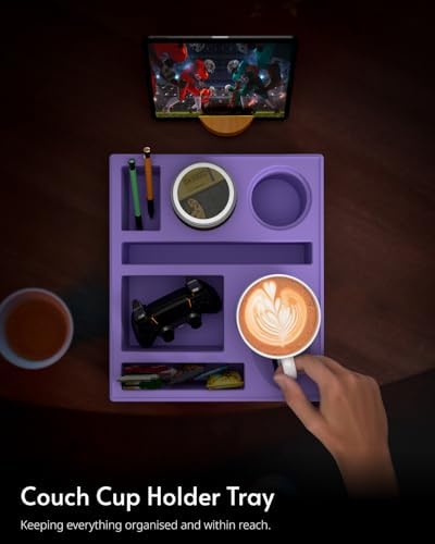 Couch Cup Holder Tray - Couch Organizer Caddy, Silicone Beach Caddy with Cup Holder, Sofa and Bed Drink Holder and Couch Tray Table for Snacks Beverage Remote (Purple) - Image 6