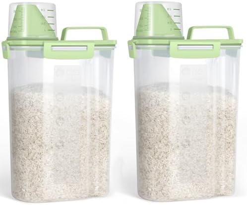 TBMax Rice Container Cereal Storage Container 2 Pack 5 Lbs, Plastic Kitchen Pantry Food Storage Container with Cup, Small Pet Dog Cat Food Dispenser -Green by TBMax