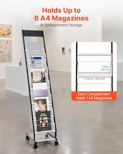 VEVOR Brochure Display Rack, Narrow 6-Tier Magazine Literature Display Stand with Wheels, Metal Floor Standing Magazine Rack, Movable Newspaper Catalog Holders for Shop Exhibitions Office (6 Pockets) - Image 2