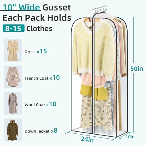 LANDNEOO 6 Pack Clear Garment Bags for Hanging Clothes with Zippers on Double Sides - 10'' Clothes Storage for Coat, Dress, and Fur in Closet - 50'' Long Suit Bags - Image 2