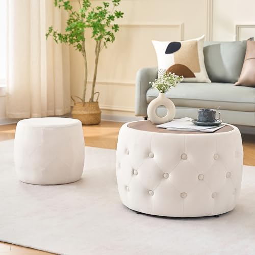 Mofolit 22.5" Round Storage Ottoman,Velvet Coffee Table (Beige) by Mofolitfurniture