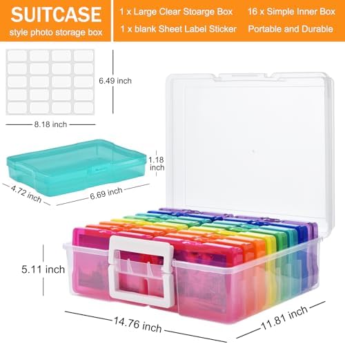 ALINK Photo Storage Box with Handle, 4" x 6" Photo Organizer Storage Container with 16 Inner Case and 1 Sheet Blank Labels for Pictures, Arts, Crafts, Sewing, Seeds, Office Supplies - Colored - Image 2