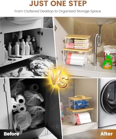 Trash Bag Dispenser 2-Pack, Stackable Trash Bag Holder with Bamboo Lid – Clear Plastic Garbage Bag Organizer for 13/30/33 Gal Bags, Space-Saving Under Sink Organizer for Kitchen, Laundry, Pantry - Image 5