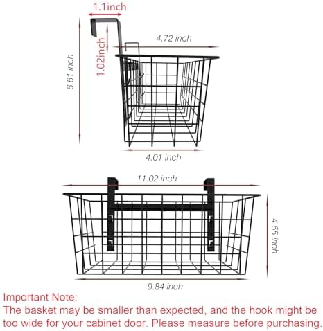 MaraFansie Basket with Hook, Grid Storage Basket, Over the Cabinet Door Organizer, Wire Hanging Basket with Hook Over the Railing, Under Sink Kitchen Cabinet, Pantry, Bathroom, Black, 4 Pack - Image 5
