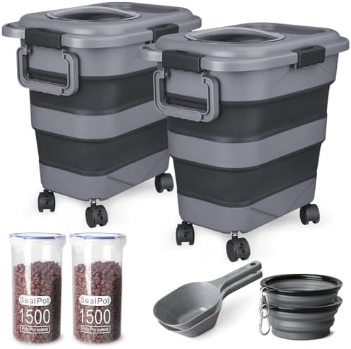 Dog Food Storage Container，2 Pack 25 lbs Airtight Collapsible Cat Food Storage Container with Attachable Wheels, Portable Handle, Dog Food Scoop for Dog Cat Bird Pet Dry Food Storage Bin Large by TIOVERY