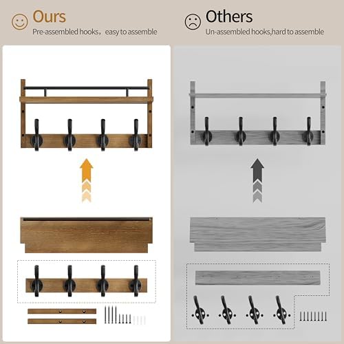 29 inch Coat Rack Wall Mount with Shelf, Entryway Wall Shelf with Hooks, Heavy Duty Coat Hanger Wall Mount with Key Holders and Mail Organizer for Living Room, Bedroom, Brown - Image 3