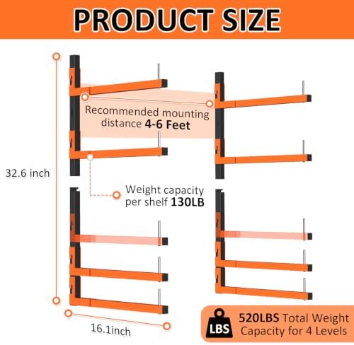2 Pack Lumber Storage Rack, Wall Mount Removable & Adjustable Lumber Rack with 4-Level Holds Up 520 Lbs, Heavy Duty Metal Garage Wood Rack for Workshop, Basement, Indoor and Outdoor - Image 2