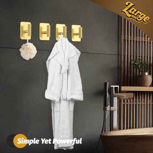 Heavy Duty Adhesive Hooks - 26lb Max, Sticky Wall Hooks Waterproof Stainless Steel for Hanging Towel, Coat, Robe, Towel Hooks Stick on Bathroom, Kitchen, Shower, Door (Gold, 2 Pack) - Image 2