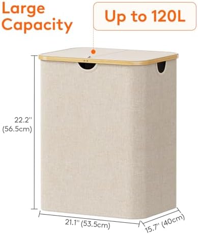 Lifewit 120L Large Laundry Basket with Lid, 2 Removable Bags, Beige - Image 4