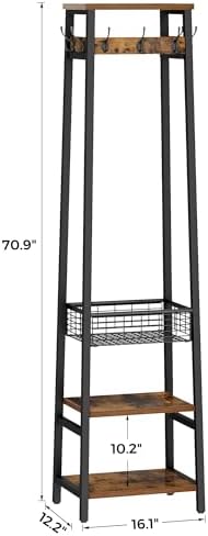 Coat Rack with Metal Basket and Storage Shelves - Image 3