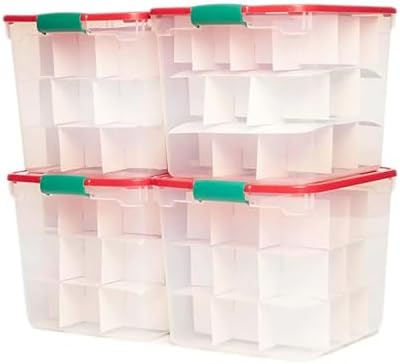 HOMZ Holiday Tote Storage Bin w/Lid & Dividers, 31 Qt, Clear/Red, 4 Pack by Homz
