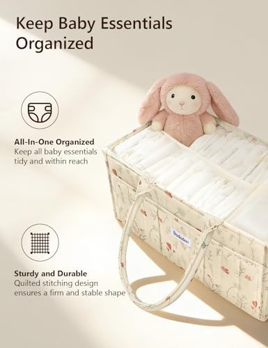 Quilted Floral Diaper Caddy Organizer, Nursery Storage Basket with Dividers - Image 2