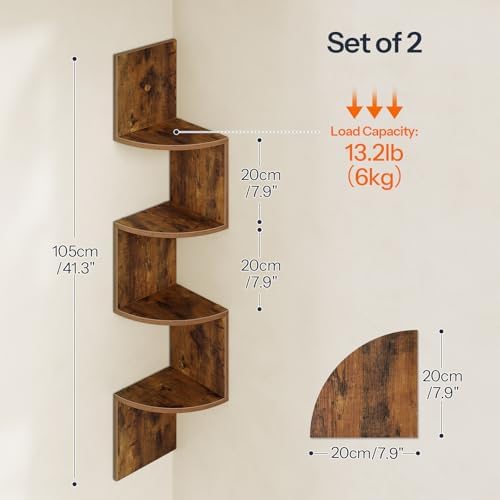 HOOBRO Corner Shelf Wall-Mounted, Set of 2 Floating Corner Shelves for Wall, 4-Tier Corner Bookshelves Floating Shelf for Wall Corner Shelves for Living Room Bedroom Bathroom Home Office Rustic Brown - Image 3