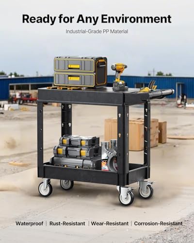 VEVOR Utility Cart, 550 lbs Load Capacity, 31.3 x 17.7-inch Service Cart, Two-Shelf Heavy Duty Plastic Utility Cart with 360° Swivel Wheels (2 with Brakes), Suitable for Warehouse, Garage, Cleaning - Image 4