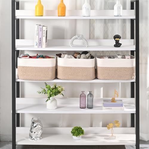 ICERZCZ Large Storage Baskets for Organizing Shelves, Woven Cotton Rope Bins for Baby Nursery Organization, Book Toy Towel Organizer, 17"x13"x9.5", 3 Packs, Off White & Brown - Image 2