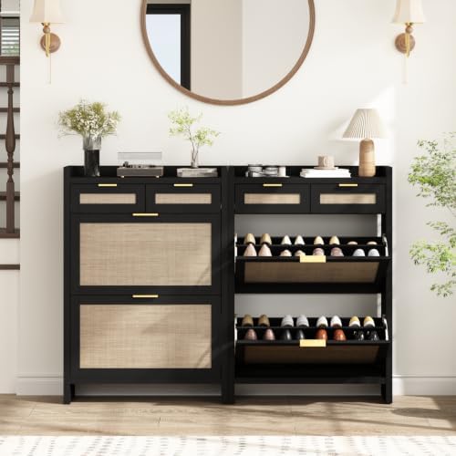 HOKYHOKY Rattan Shoe Storage Cabinet with 2 Drawers & 2 Flip Drawers - Image 4
