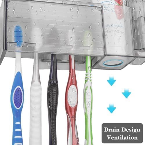 Linkidea 5 Slots Wall Mount Toothbrush Holder with Cover for Bathroom, Plastic Storage Organizer for Toothpaste, Gargle Cup, Compatible with Oral-B Cross Action, Colgate Renewal (Gray) - Image 2