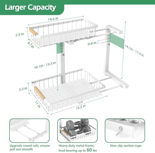 ADRIMER Under Sink Organizer 2 Packs, Pull Out Kitchen Sink Organizer, 2 Tier Slide Out Kitchen Organizers and Storage Bathroom Under Cabinet Storage Shelf, White - Image 6
