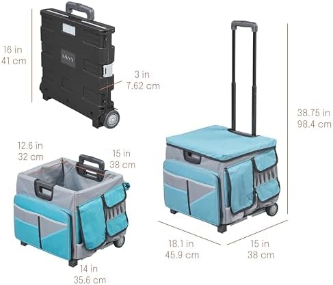 Folding Mobile Utility Cart, Canvas Organizer Bag, Turquoise/Grey - Image 2