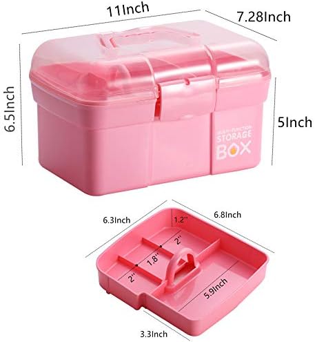 Kinsorcai 11'' Plastic Storage Box with Removable Tray, Multipurpose Organizer and Storage Case for Art Craft and Cosmetic (Pink) - Image 2